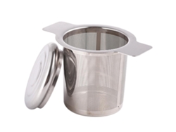 Colador de té de acero inoxidable con tapa, no tóxico y duradero.