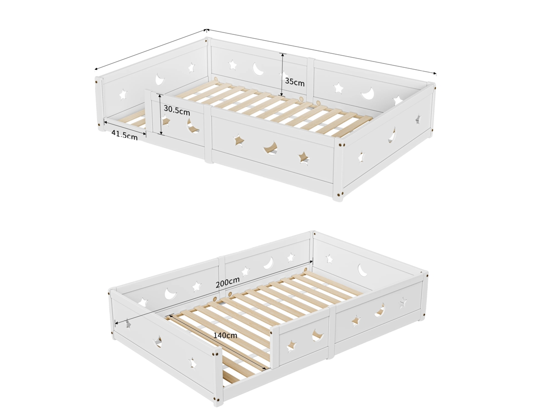 Cama baja, características de seguridad, diseño minimalista, blanca - 140x200cm