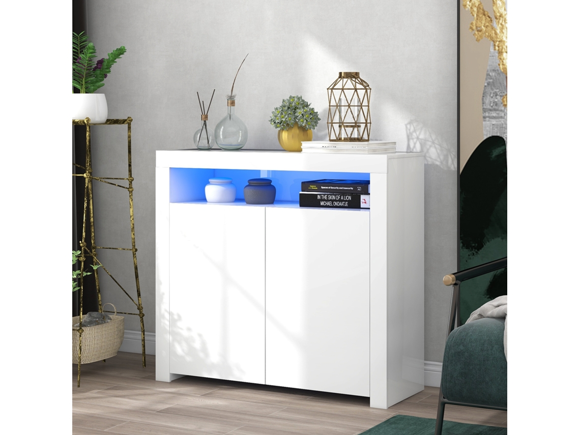 Aparador Moderno De Madera Blanca Con Iluminación Led, 2 Puertas, 108x40x92cm