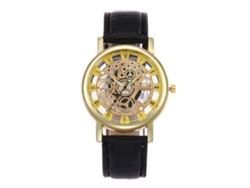Reloj De Pulsera Analógico De Cuarzo Con Correa De Pu, Dial Simple, Redondo, Unisex (oro Negro)