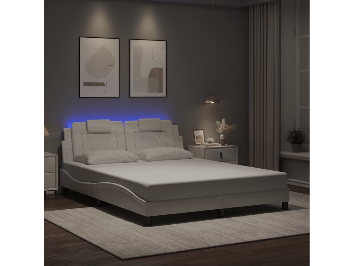 Estructura De Cama Con Luces Led Cuero Pe Blanco 160x200 Cm