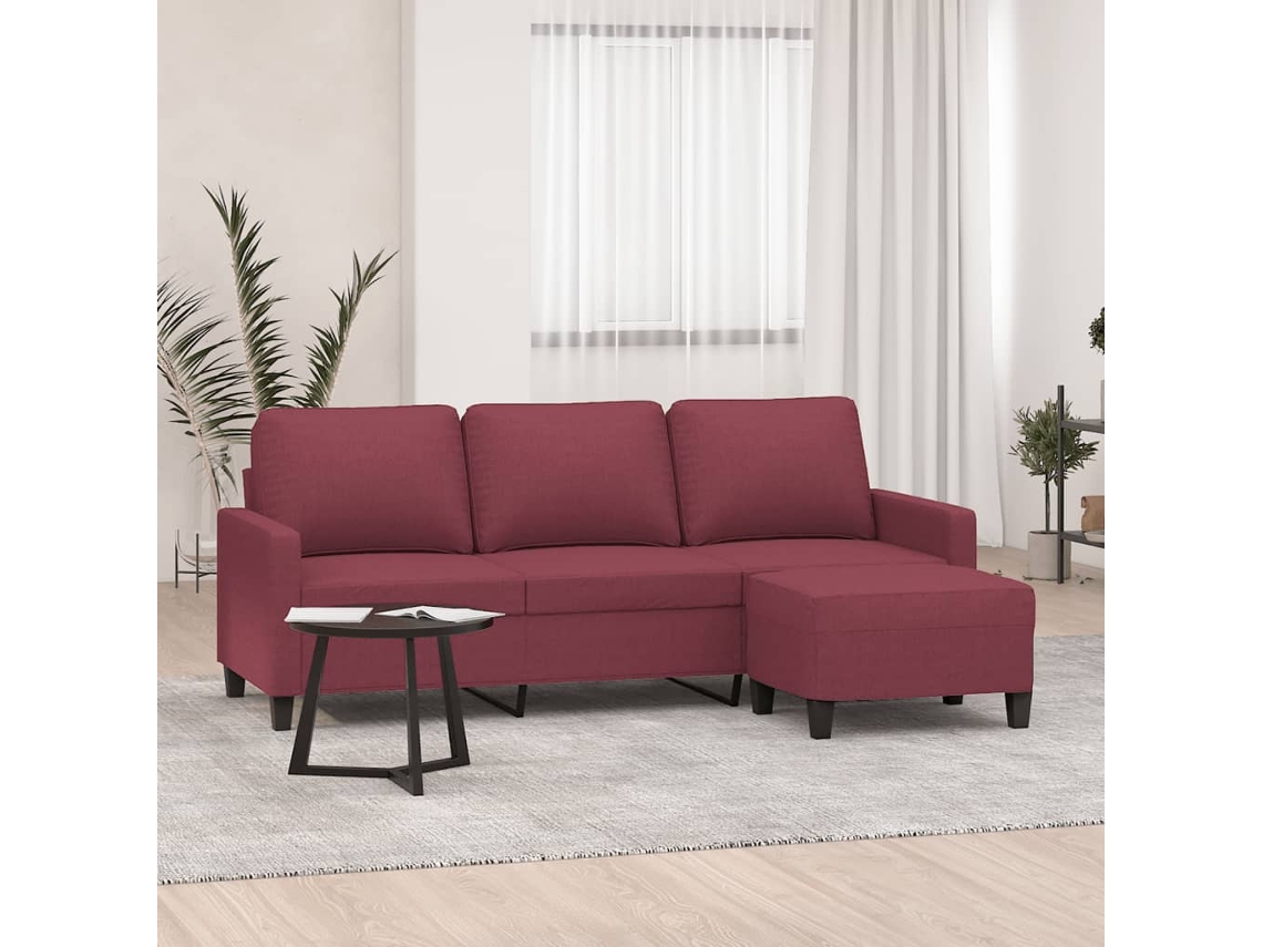 Sofá De 3 Plazas Con Taburete De Tela Rojo Tinto 180 Cm