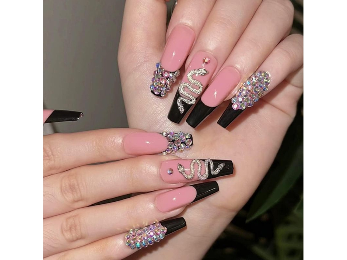 Uñas Postizas Largas De Presión Con Diseño Francés Negro Y Joyas, Estilo Bailarina De Serpiente Mediana Para Mujer.