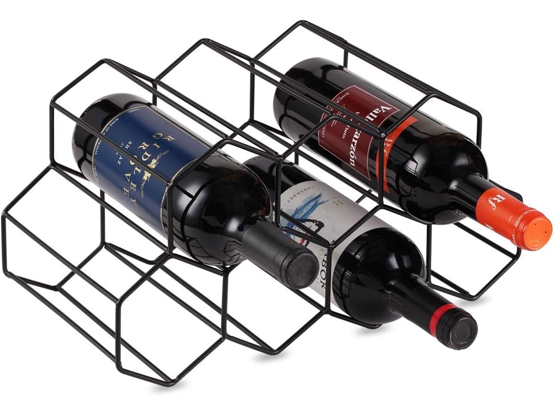 VVJIJILLY Suporte De Vinho Em Metal Preto P/ Mesa, Geométrico, 9 Garrafas, Ideal P/ Bar Ou Armário