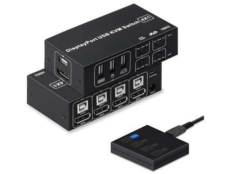 Displayport Kvm Switch 4 Puertos 3D Uhd 4K@60Hz 4 en 1 Salida Usb y DP Kvm Switch para 4 Pcs Compartir Teclado Ratón Monitor y BISBISOUS