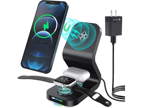 Cargador inalámbrico 15W Bluetec 3 en 1, cargador por inducción compatible con Magsafe, cargador con 30W QC 3.0 compatible con Apple Watch CHRONUS
