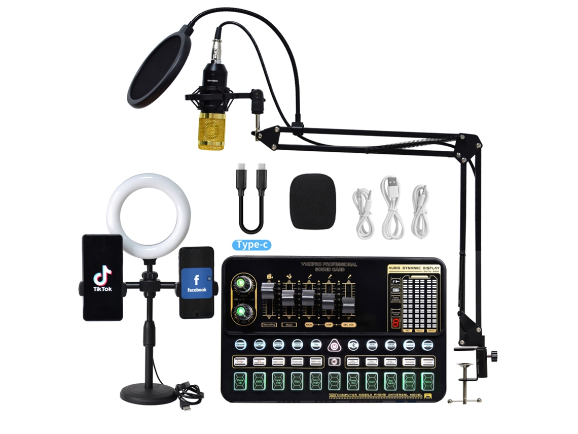 Conjunto de tarjeta de sonido multifuncional Yuysan V10xpro, micrófono BM800 y luz de relleno BG16, equipo de audio y grabación, negro y dorado.