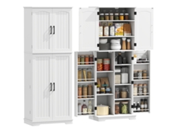 Aparador Alto De Cocina, Mueble De Cocina, 4 Puertas, 10 Nichos, 8 Especieros Y Estantes Ajustables, 60x35x162cm, Blanco