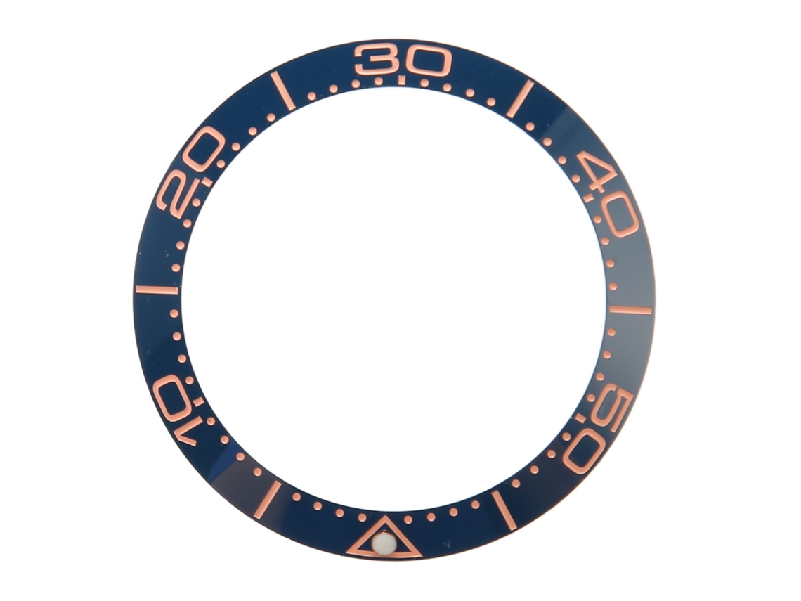 Inserto De Bisel De Cerámica De Repuesto Para Reloj De 38 Mm Con Base Azul Y Dígitos En Oro Rosa.