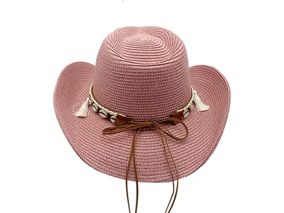 Sombrero Vaquero De Paja Estilo Western Para Hombre Y Mujer, Con Botones Anchos, Ideal Para La Playa O El Verano, Color Rosa, 56-58 Cm.