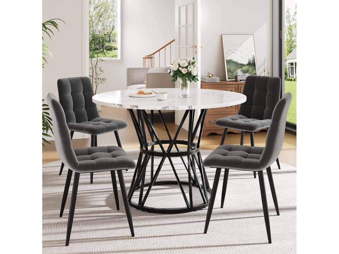 Mesa redonda de mármol de 100 cm con 4 sillas de terciopelo gris/negro.