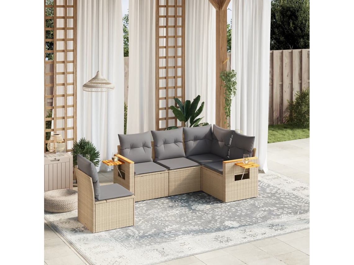 Conjunto de sofá de jardín de 5 piezas con cojines, mimbre sintético beige, Dkd Home Decor