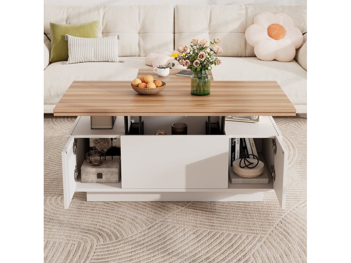 Mesa De Centro Moderna Con Doble Mecanismo Elevable, Almacenaje Oculto, Soporta Hasta 50 Kg - Blanco/natural