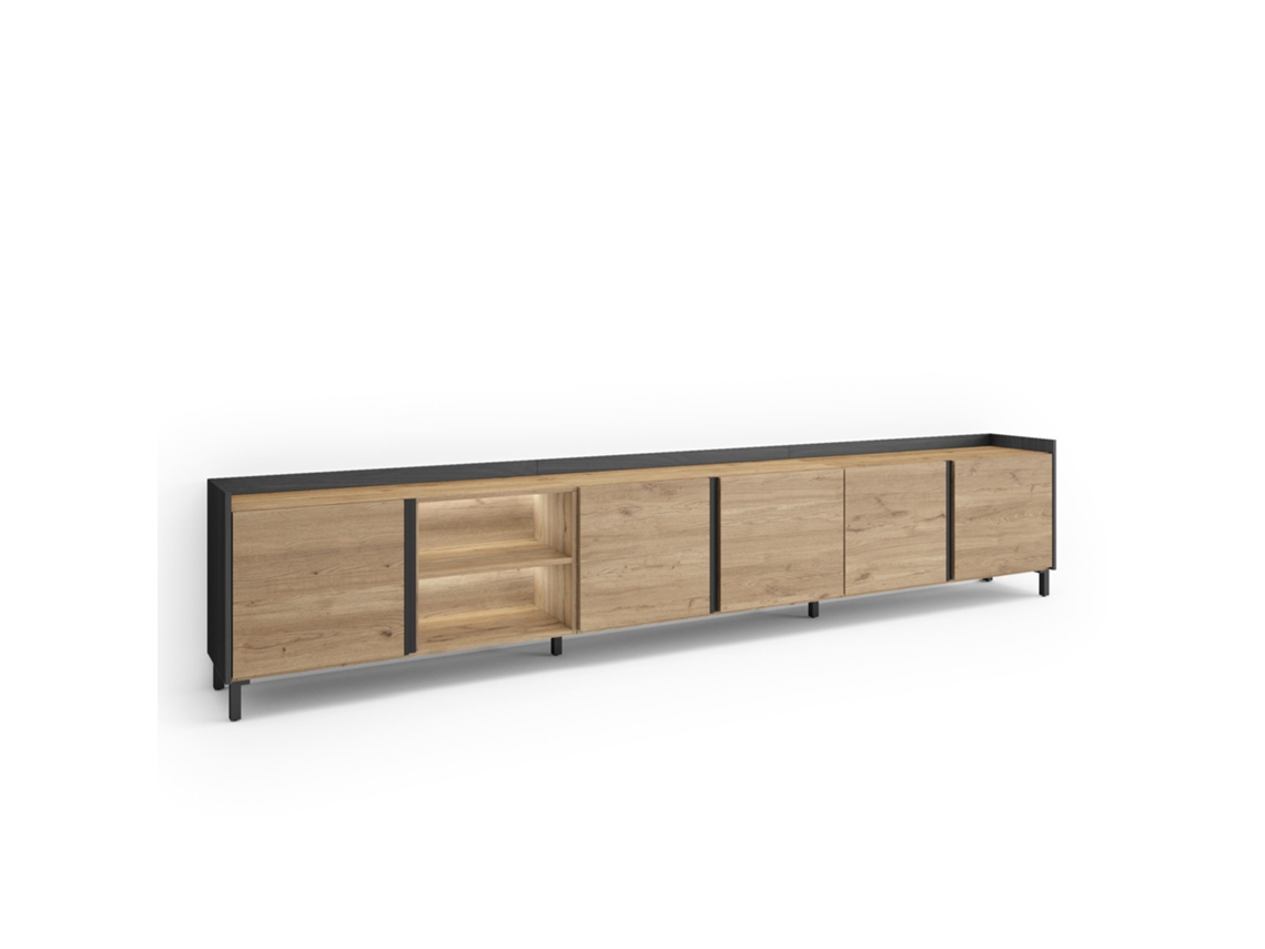 Mueble Tv, Televisión, 309x35x61cm, Para Tv Hasta 80", Diseño Industrial, Led, Roble Y Negro