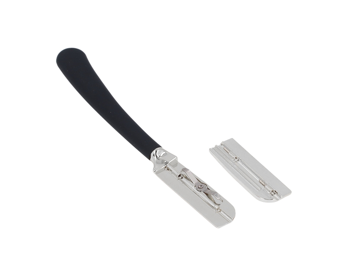 Suporte manual para máquina de cortar cabelo e barba 2026-porta, com cabo de silicone e lâmina reta em liga de zinco prateada.