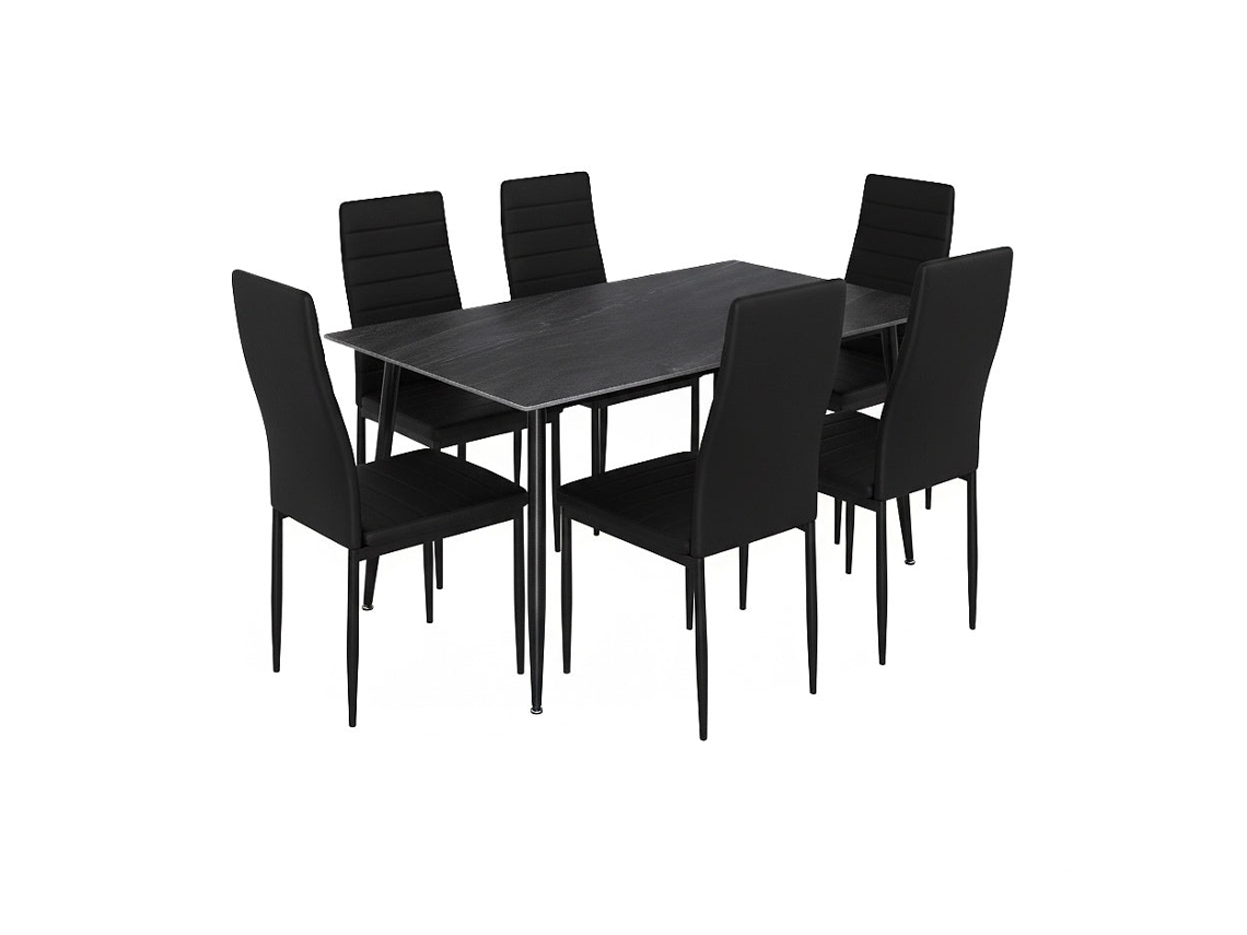 Mesa de comedor de 160 cm, gris oscuro, con 6 sillas de piel sintética negra. (Saldosystocks)