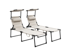 Juego 2 Tumbonas Plegables, Respaldo, Sombrilla, 70x200x45cm, Crema
