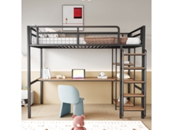 Cama Alta De Metal 90x200 Cm - Con Escritorio Y Escalera De Seguridad - Negro