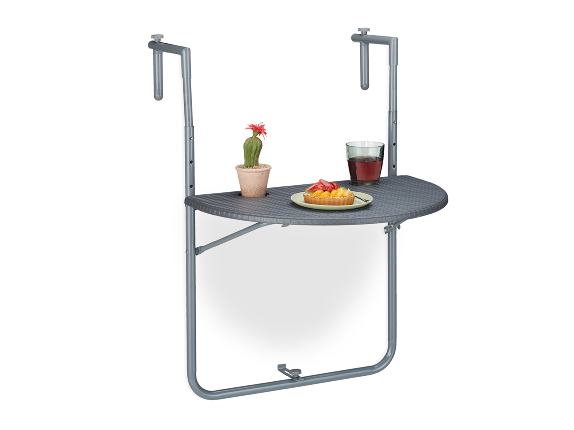 Relaxdays Mesa Colgante Balcón, Plegable, 59,5x63cm, 3 Alturas Regulables, 2 Posavasos, Mesita Barandilla Exterior, Gris