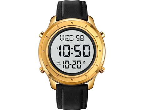 VEANXIN Reloj de pulsera de acero inoxidable resistente al agua con correa de cuero digital LED para hombre-Oro blanco