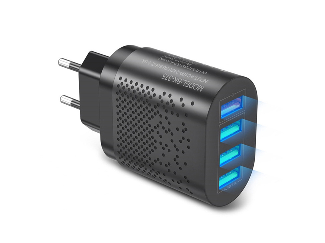 Adaptador De Corriente (carga Rápida De 3a Con 4 Puertos) Cargador De Teléfonos Móviles Negro Conector Eu Exclusivo Para Chile
