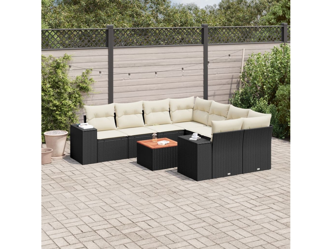 Conjunto de sofá de jardín de 9 piezas con cojines, ratán negro, Dkd Home Decor
