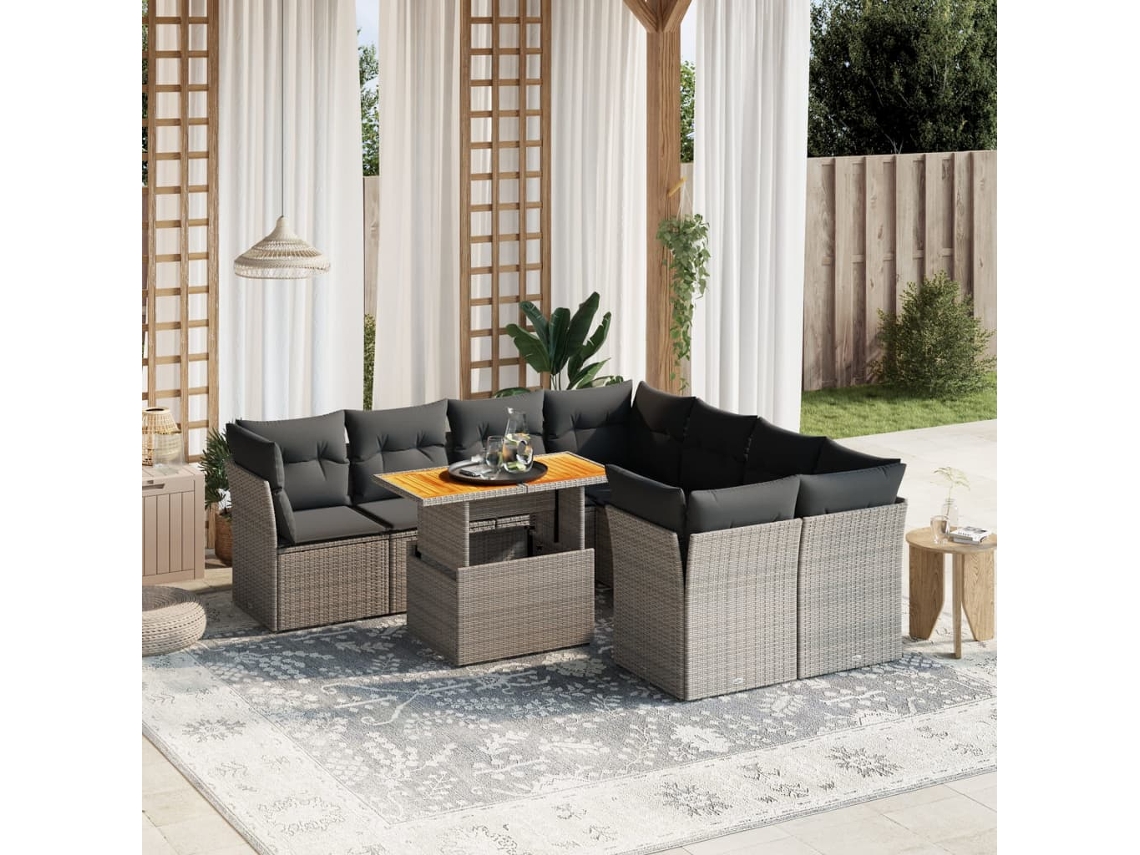 Conjunto de sofá de jardín de 9 piezas con cojines, mimbre gris, DKD Home Decor