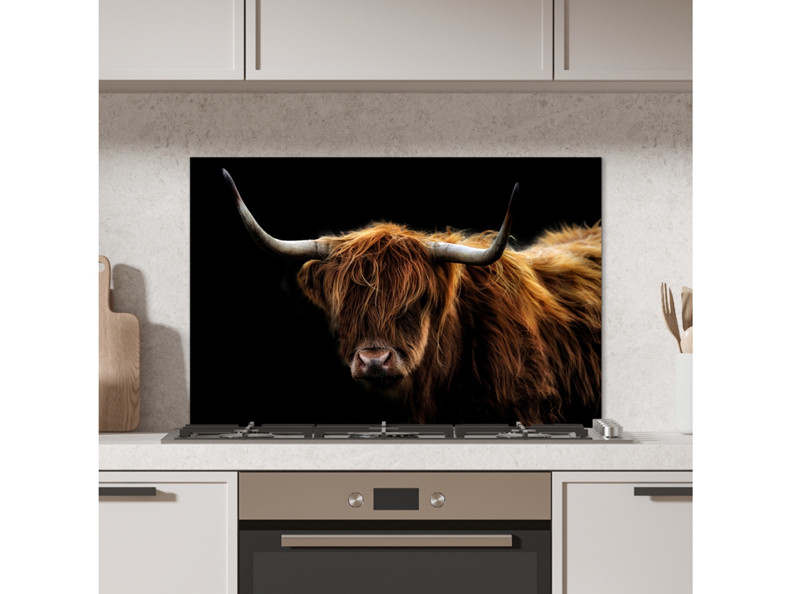 Panel de pared para cocina Scottish Highlander - Cuernos - Negro - Animales - Naturaleza - Salvaje - Vaca 80x55 cm