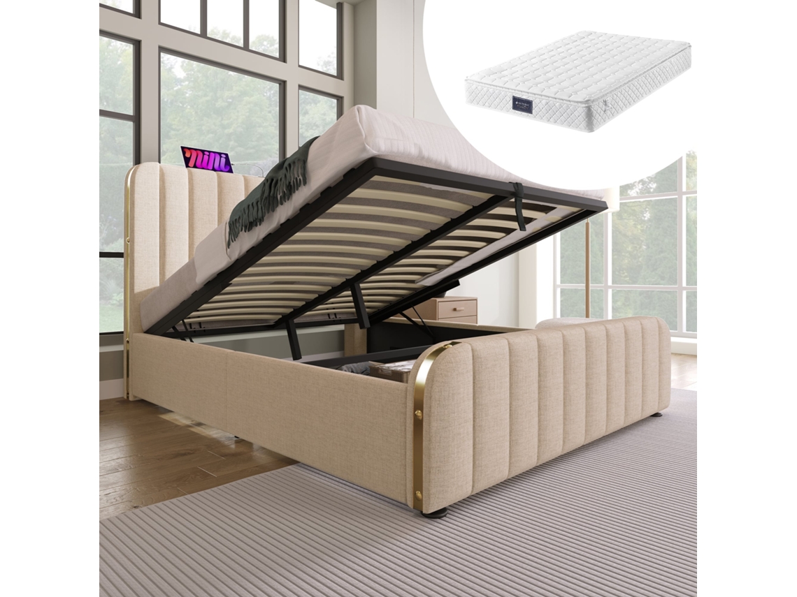Cama De Lino Beige De 140x200 Cm, Color Dorado, Con Conexión Usb-c E Hidráulica.