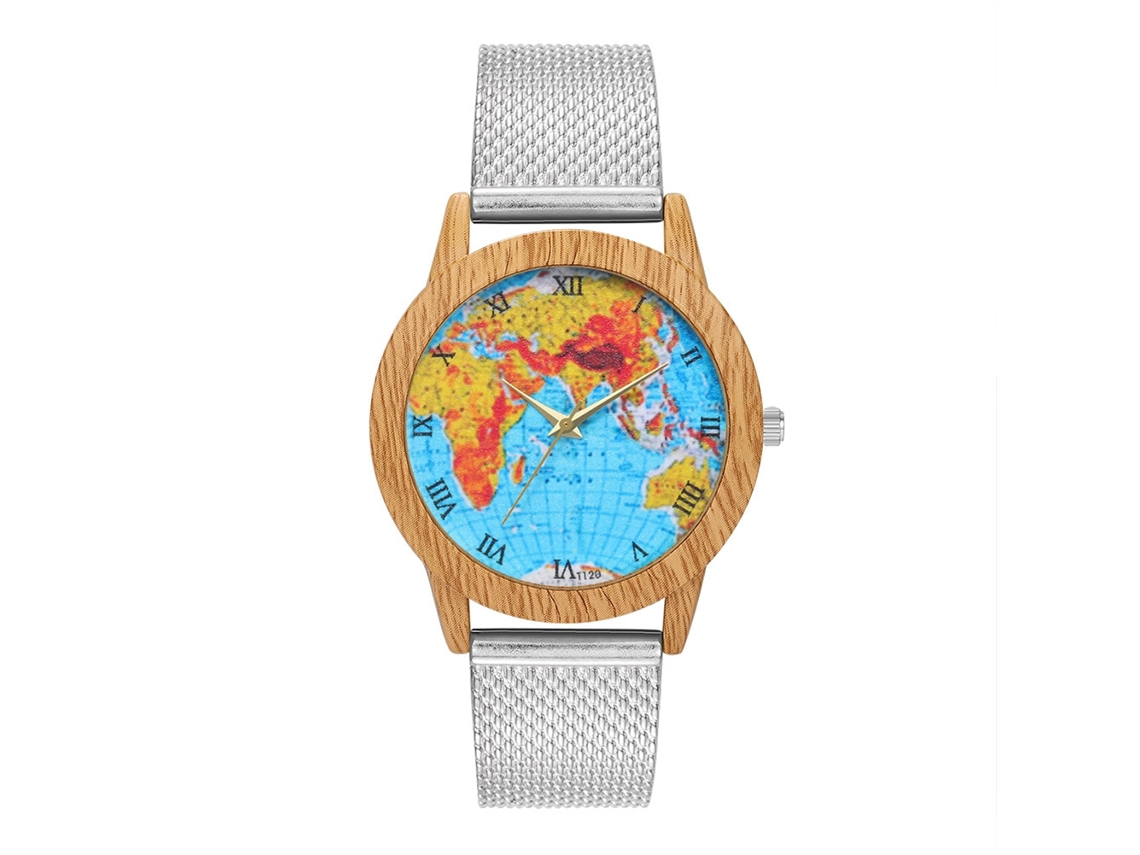 Reloj De Cuarta Unisex Pareja Dial Mapa Colorido De Madera Plata