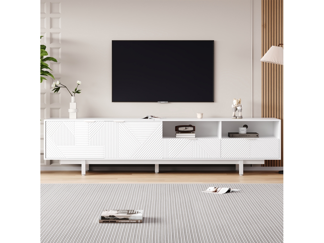 Mueble Para Tv Blanco Boho Moderno, 200x40x51 Cm, Líneas Geométricas Abstractas, Amplio Almacenamiento, Para Tv De 90 Pulgadas