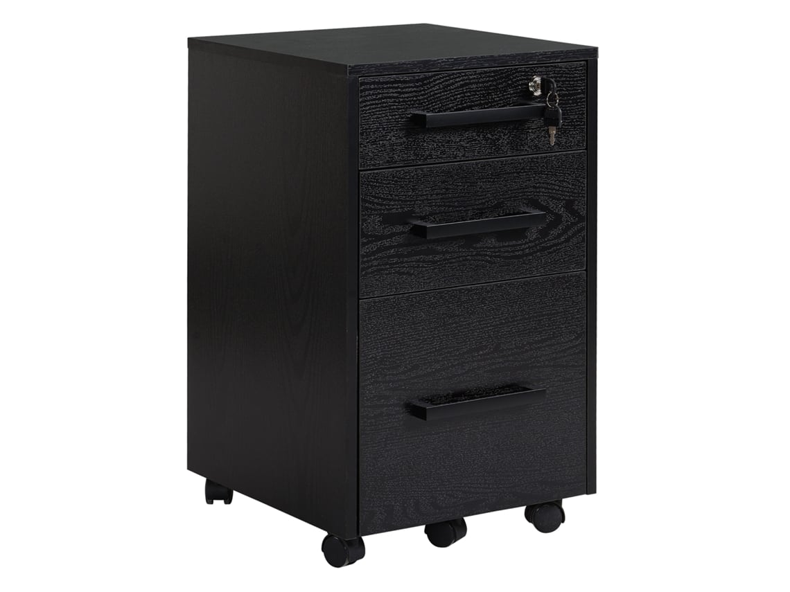 Mobiliario de oficina con ruedas, 3 cajones, cerradura, organizador y archivador, fabricado en MDF negro.