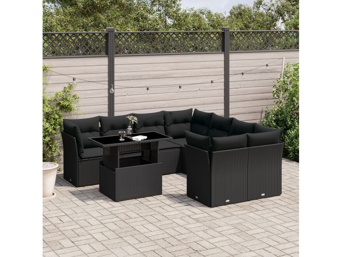 Conjunto de sofás de jardín de 9 piezas DKD Home Decor con cojines de mimbre negros