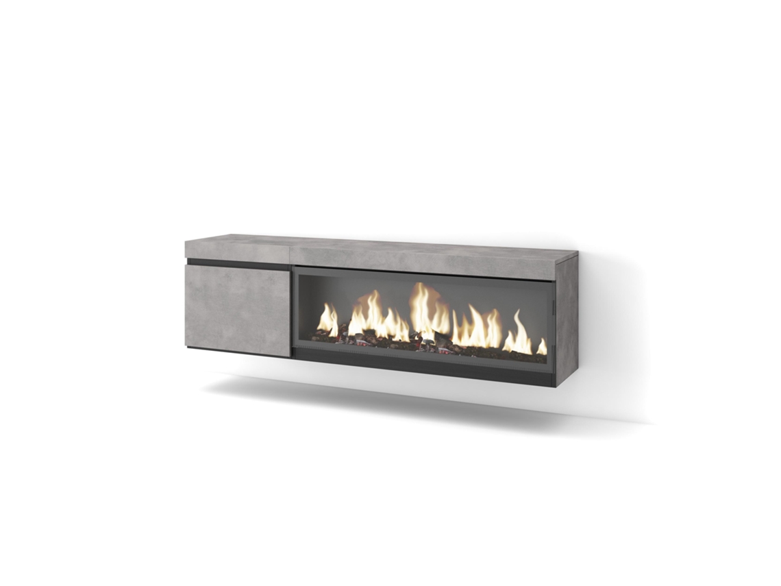 Mueble TV, Televisión, 160, Para TV hasta 65, Chimenea eléctrica XXL, Colgado, Suspendido, Cemento SKRAUT HOME