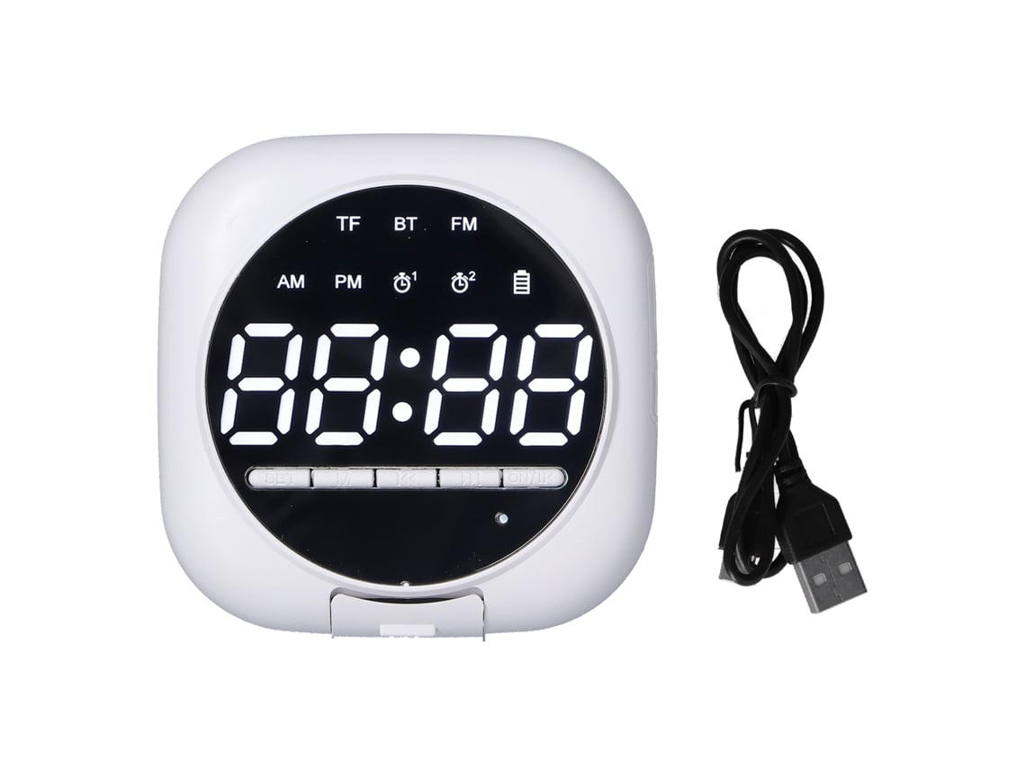 Relógio Alarme Bluetooth Com Alto-falante Led Mirror Portátil Dual Fm Radio Branco P12