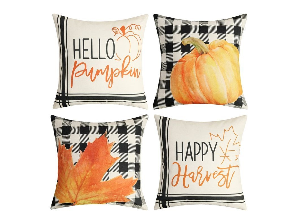 4 Fundas De Cojín Otoñales De 45x45 Cm Con Estampado De Cuadros Búfalo, Calabazas Y Hojas De Azúcar Para La Decoración De Acción De Gracias.