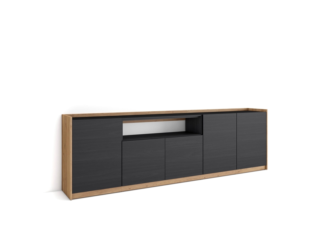 Aparador de comedor, 260x37x80cm, 5 puertas, armario de almacenamiento, negro y roble.