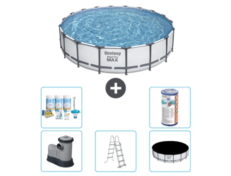 Piscina BESTWAY Round Steel Pro MAX - 549 x 122 cm - Gris - Bomba incluida - Escalera - Cobertor Paquete de mantenimiento - Filtrar