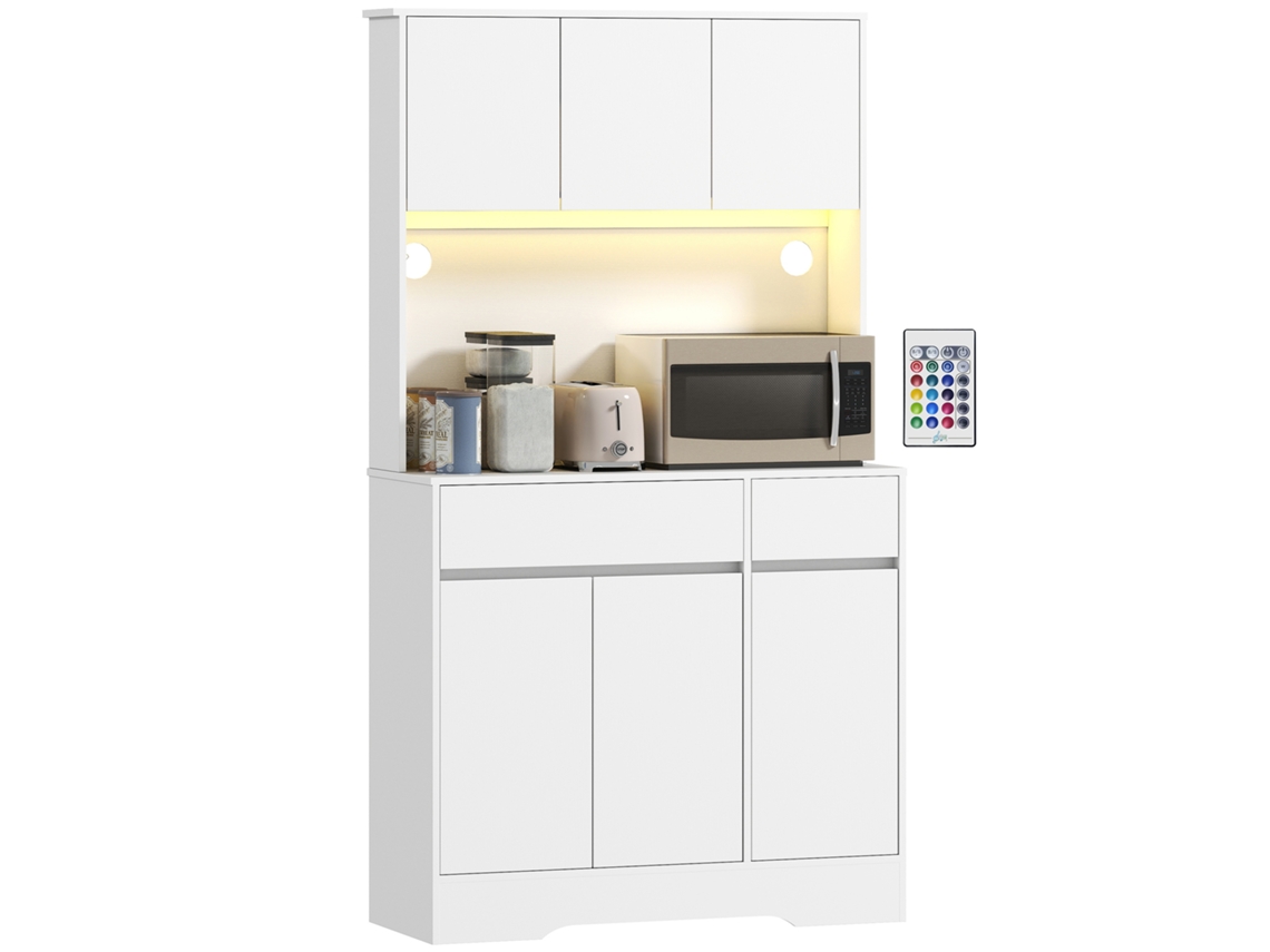 Aparador De Cocina, Mueble Alto Con Iluminación Led Rgb, Encimera, 6 Puertas, 2 Cajones, Blanco.
