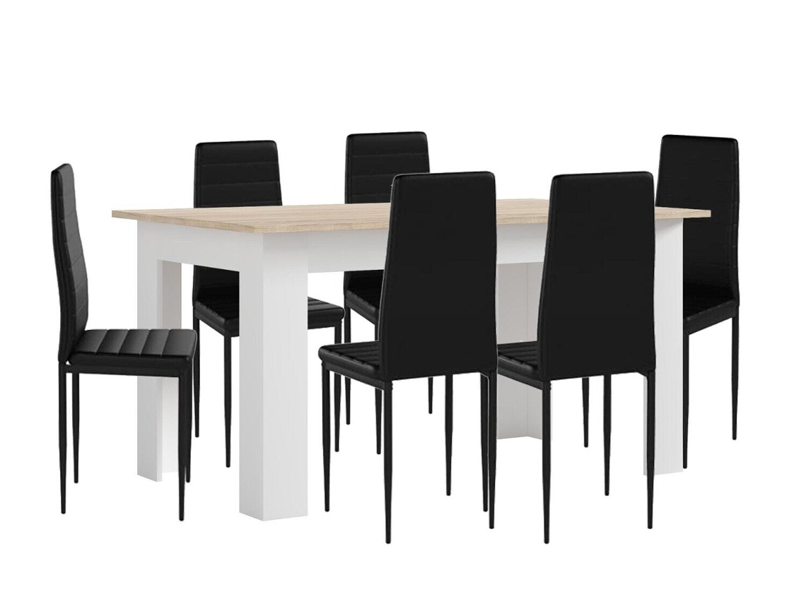 Pack Mesa de Comedor o Cocina Blanco y Cambria 6 Sillas en Polipiel/metal Negro