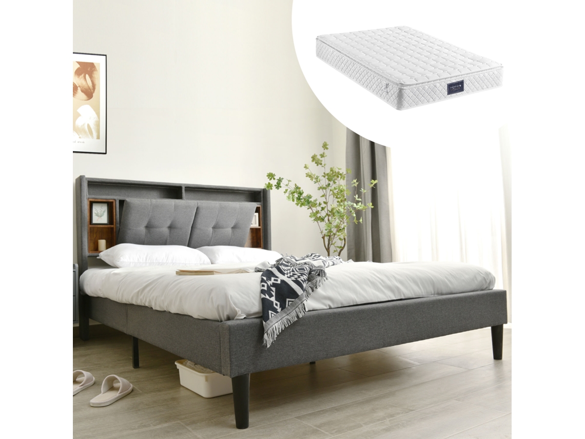 Cama 140x200 Cm Con Almacenamiento, Led, Usb, Cabecero Con Espacio, Somier De Madera, Gris, Con Colchón.