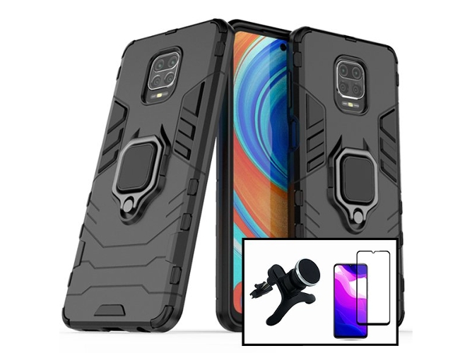 Kit Funda, Protector 5D y Soporte Magnético Coche Xiaomi Redmi Note 9 Pro Max 3x1 Military Defender