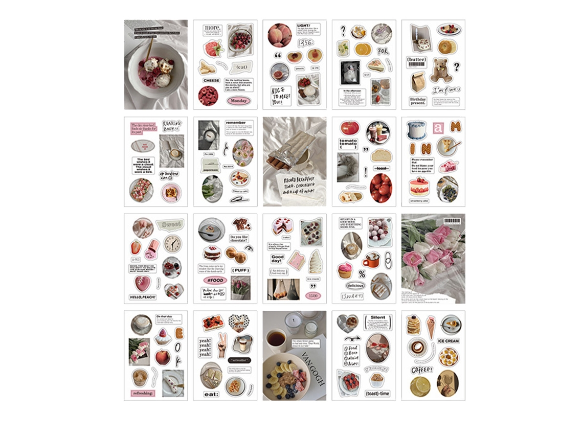 20 pegatinas decorativas temáticas para scrapbooking con motivos de manuales, moda, comida y suministros.