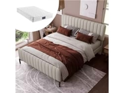 Cama Tapizada En Gris Y Beige, 140x200 Cm, Cabecero Regulable, Somier De Láminas.