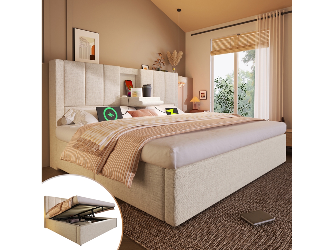 Cama Tapizada 140x190 Cm - Cama Doble Con Portavasos Oculto Y Estación De Carga - Beige