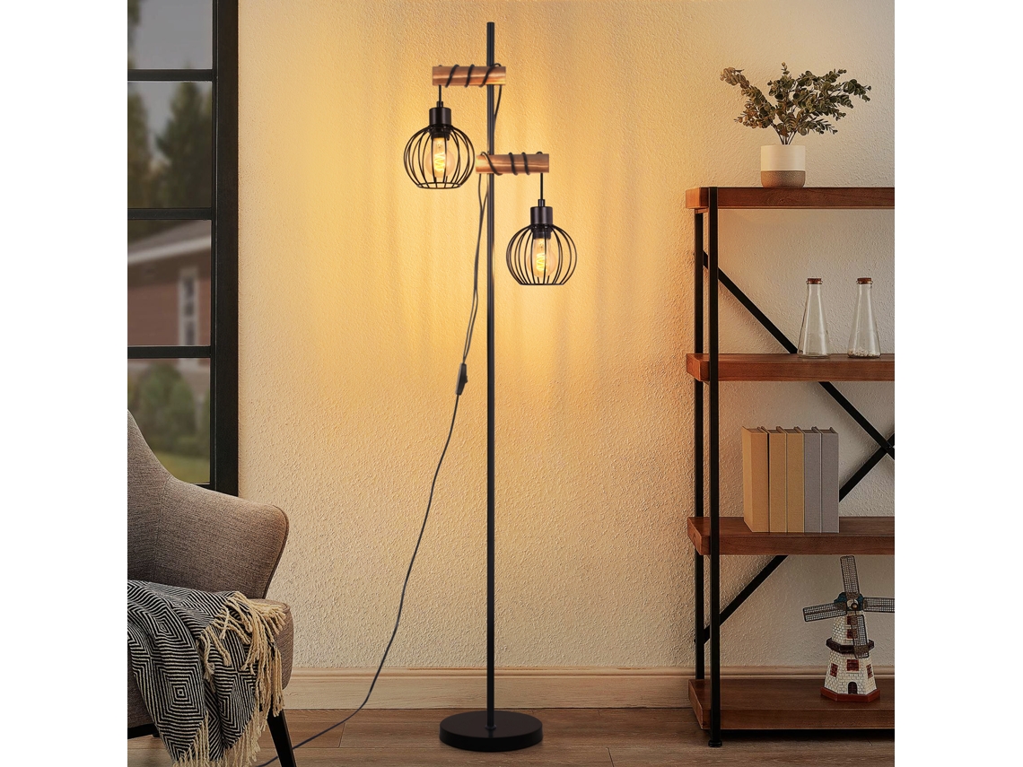 Lámpara de pie negra, 2 luces, casquillo E27, diseño industrial vintage, metal, 151 cm, bombilla no incluida, Zmh