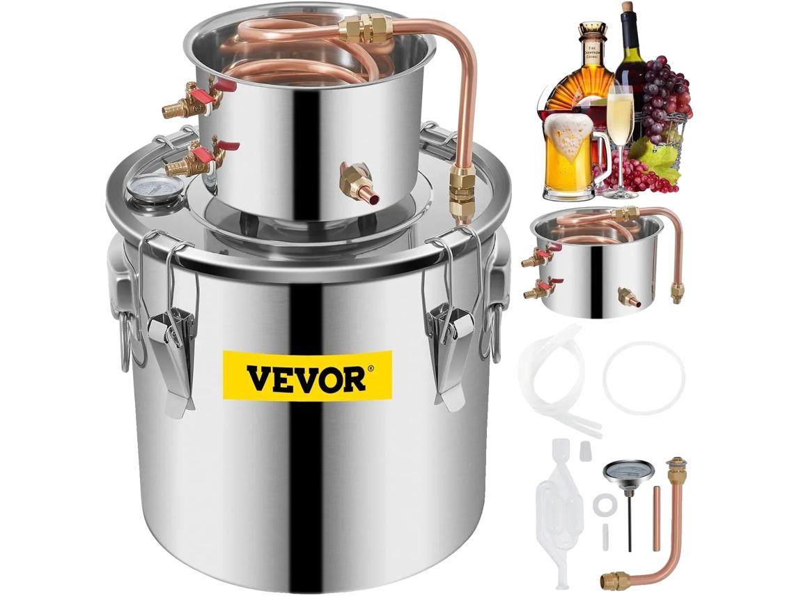 Kit de destilación Vevor, capacidad de 5 galones, construcción de acero inoxidable y cobre, fácil de usar. OEM.