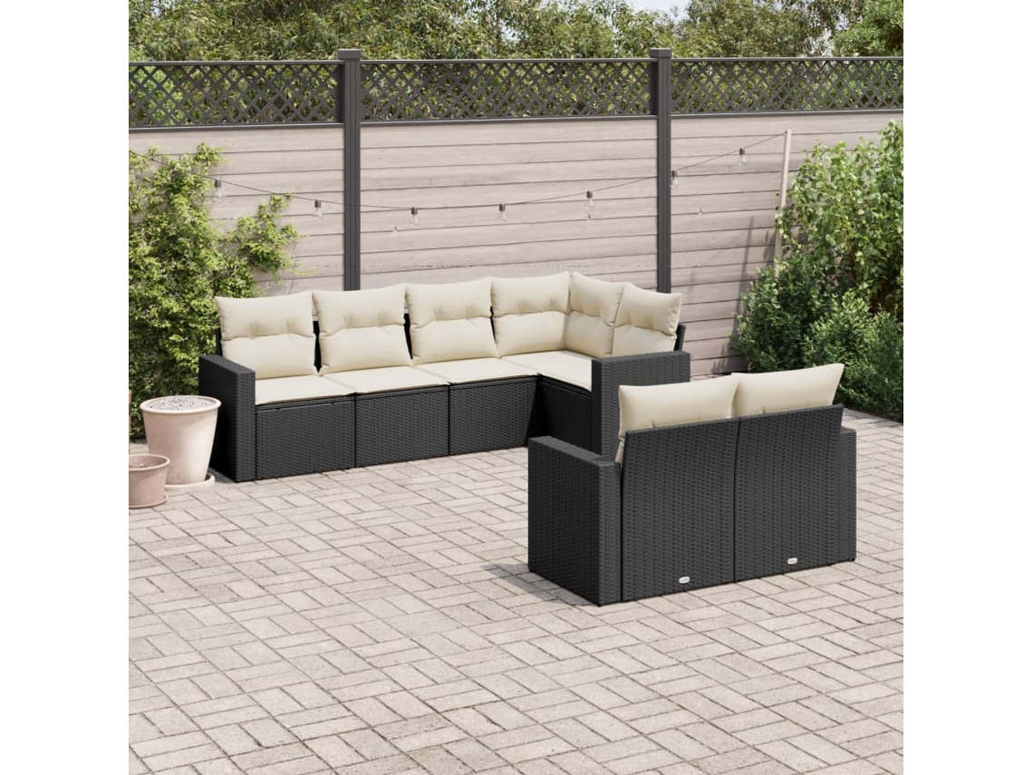 Conjunto de sofá de jardín de 7 piezas con cojines de mimbre negros, Dkd Home Decor