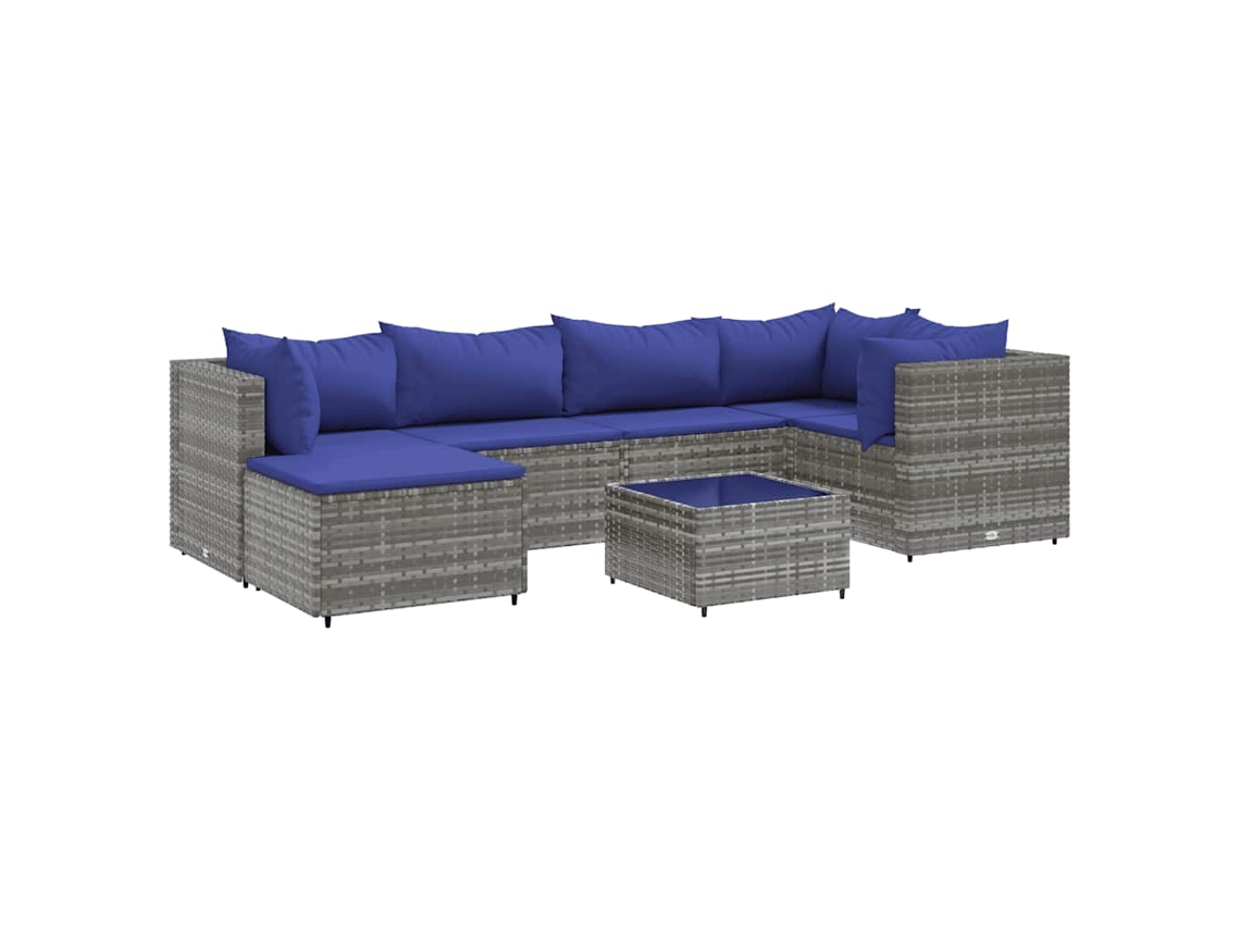 Juego de 7 sillones de jardín con cojines de mimbre y patas grises, EXCLUSIVO DE LA CASA