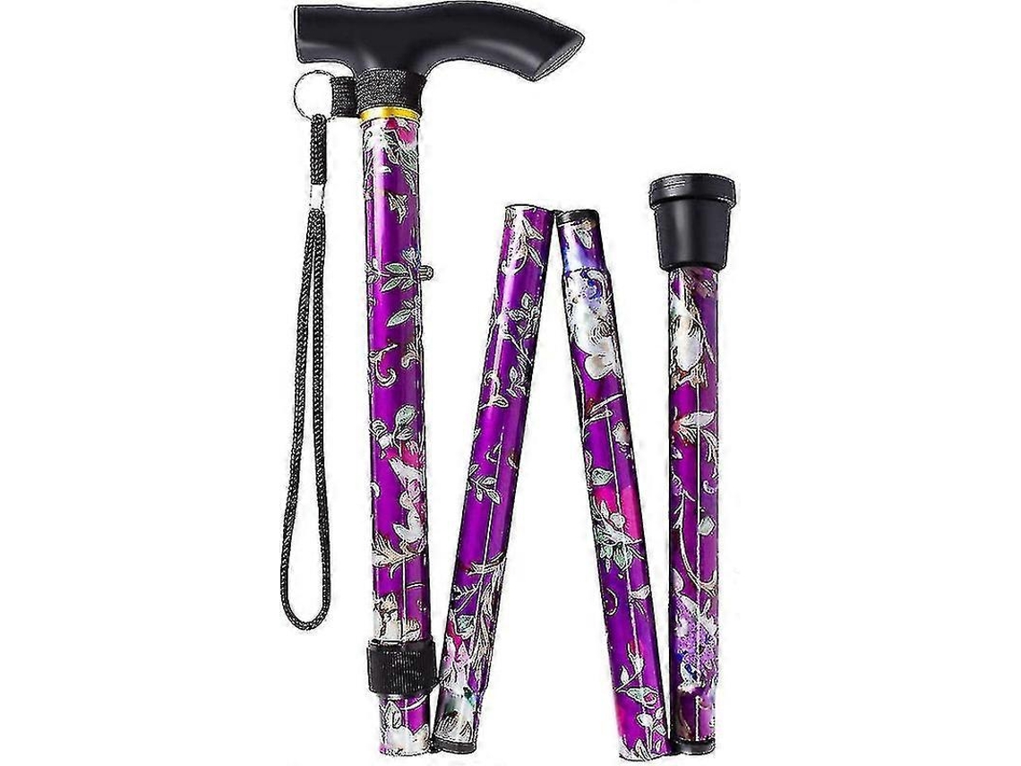 Bastón plegable de aluminio para mujer con estampado floral morado, ligero y ajustable en altura. Ideal para regalar.